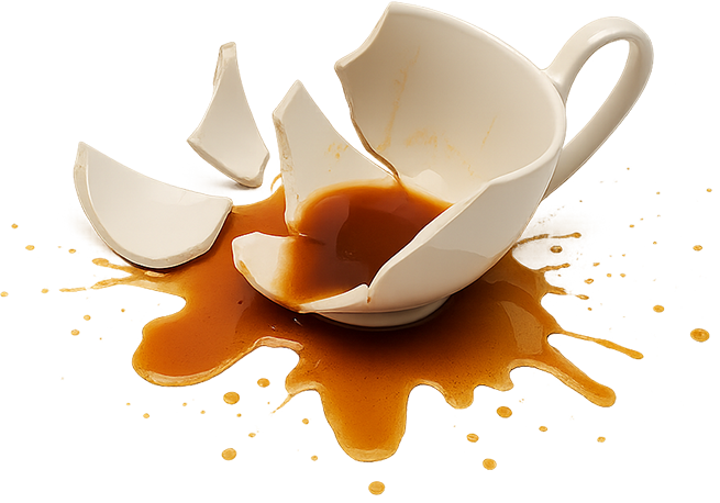 A broken and spilled cup, symbolising an error